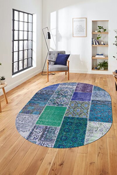 EY HOME Baskılı Kaymaz Taban Yıkanabilir Patchwork Desen Oval Yolluk Salon Ha...