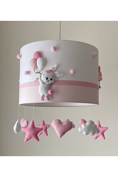 atölye ay ışığı Pembe Beyaz Ponponlu Tavşan Figürlü Bebek Çocuk Odası Avize