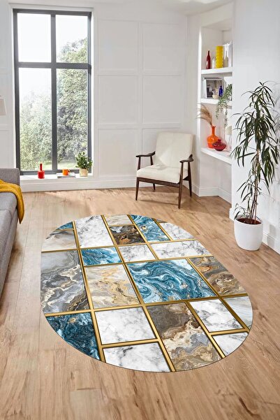 EY HOME سجادة أنيقة بتصميم رخامي رقمي مضاد للانزلاق قابلة للغسل بيضاوية الشكل...