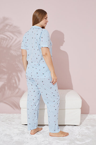 Siyah İnci Set de pijamale tricotate cu dungi albastre și cu motive florale