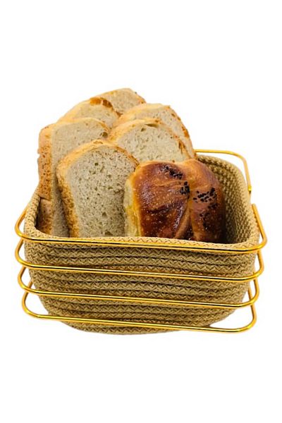 MiMW MimHome Gold - Stylish Wicker Knitted Square Corner Bread Basket, Stainless Metal, Multi-Purpose