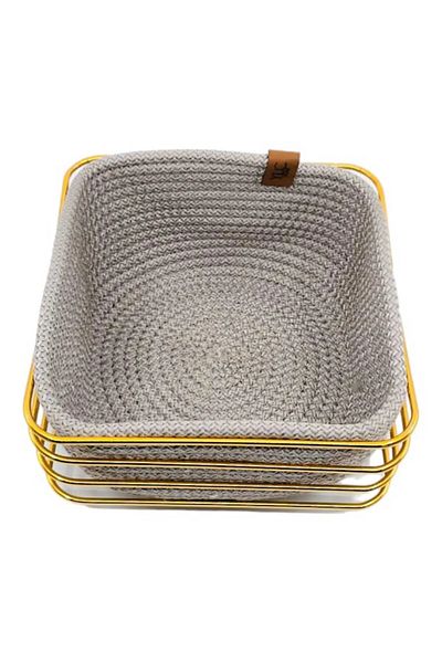 MiMW MimHome Gold - Stylish Wicker Knitted Square Corner Bread Basket, Stainless Metal, Multi-Purpose