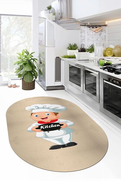 EY HOME Kitchen Yazılı Aşçı Motifli Kaymaz Taban Yıkanabilir Oval Yolluk Mutf...