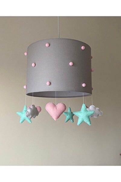 atölye ay ışığı Gri Zemin Pembe Ponponlu Bebek Çocuk Odası Avize