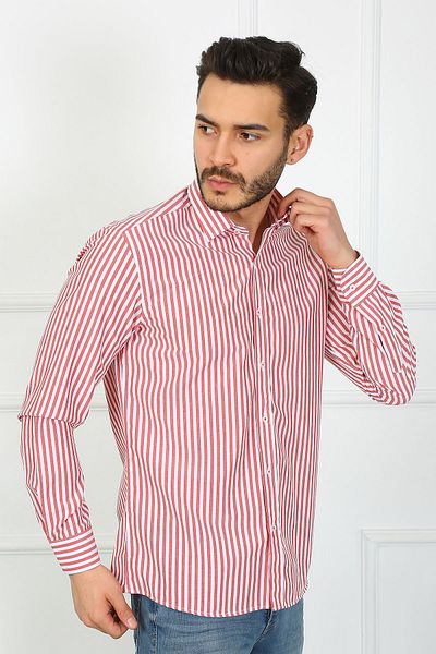 SAMSA Ανδρικό πουκάμισο από βαμβακερό ριγέ Slim Fit Easy-Iron