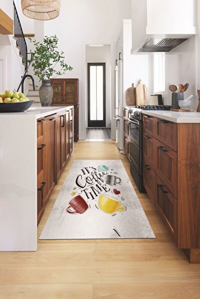 EY HOME Coffee Yazılı Renkli Fincan Desenli Yıkanabilir Kaymaz Taban Yolluk M...
