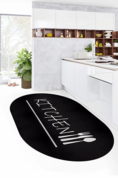 EY HOME Kitchen Yazılı Kaşık Çatal Bıçak Desenli Yıkanabilir Oval Yolluk Mutf...