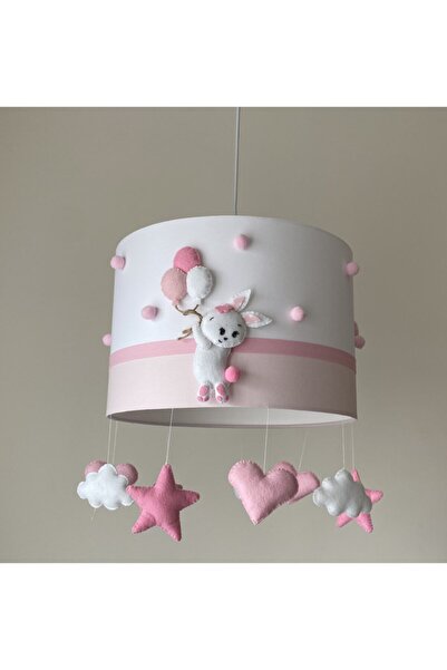 atölye ay ışığı Pembe Beyaz Ponponlu Tavşan Figürlü Bebek Çocuk Odası Avize