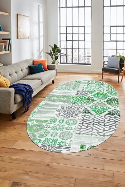 EY HOME Printed Non-Slip Base Washable Patchwork Pattern Oval Runner Living R...
