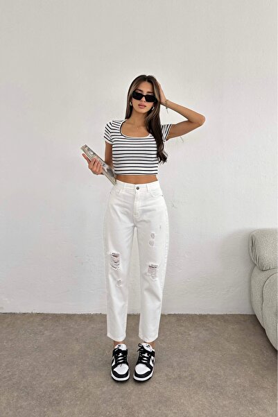 Eka Pantaloni albi de damă cu talie înaltă - EKA-0073-11123