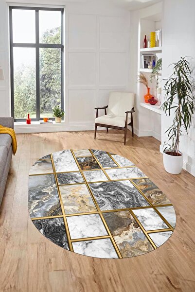EY HOME سجادة أنيقة بتصميم رخامي رقمي مضاد للانزلاق قابلة للغسل بيضاوية الشكل...