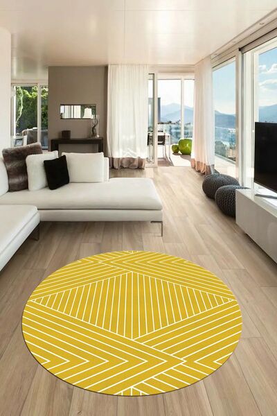 EY HOME Dijital Kaymaz Taban Yıkanabilir Çizgili Desen Yuvarlak Mutfak Salon ...