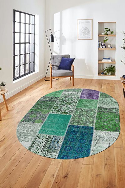 EY HOME Baskılı Kaymaz Taban Yıkanabilir Patchwork Desen Oval Yolluk Salon Ha...