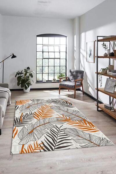 EY HOME Yapraklı Baskılı Kaymaz Taban Yıkanabilir Modern Yolluk Salon Halısı