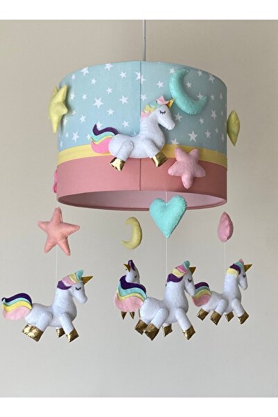 atölye ay ışığı Mint Yıldızlı Pudra Beyaz Unicorn Figürlü Kız Bebek Odası Özel Tasarım Avize