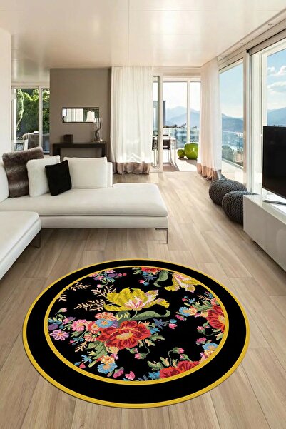 EY HOME Çiçek Desenli Dijital Kaymaz Taban Yıkanabilir Yuvarlak Mutfak Salon ...