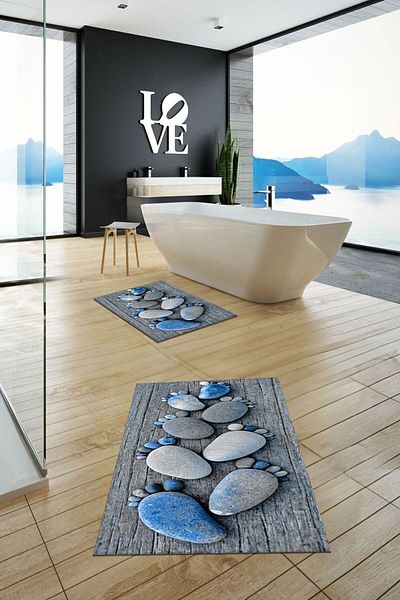 EY HOME Set de scaune de toaletă cu covoraș de baie dublu, lavabil digital 3D, KLZT-15-ALBASTRU,