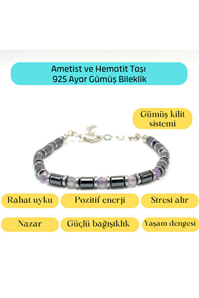 YILDIZ DOĞAL TAŞ Sertifikalı Ametist ve Hematit  925 Ayar Doğal Taş Gümüş Bil...