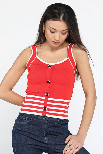 GÜLSELİ Women's Seasonal Knitwear Blouse - Red, Front Button Detail and Stripe