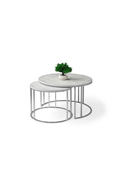 Evistro Ahşap Parlak Lake 2 li Orta Sehpa Krom Metal Ayaklı Beyaz Mermer Desenli