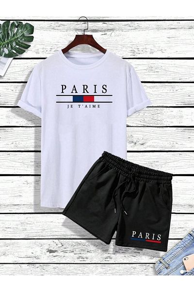 Hunors Sportswear & Company Σετ μπλουζάκι και σορτς με στάμπα Paris Je T'aime - Μαύρο, Crew Neck