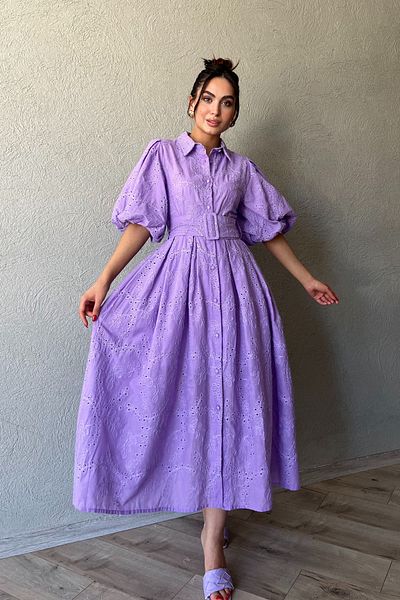 Seda Yalçın Atelier Lilac Embroidery Dress with Balloon Sleeve and Pleat Detail