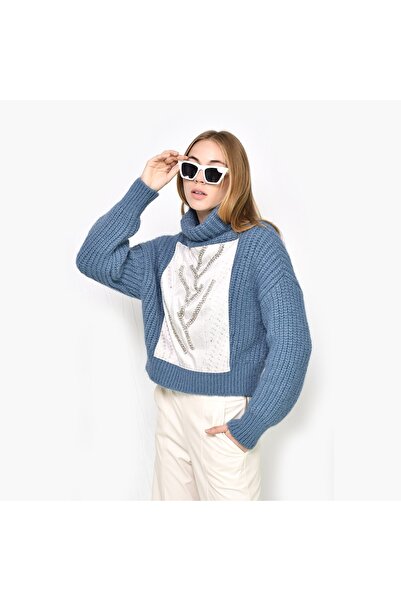 Belle Vie ÖNÜ BASKILI VE TAŞ DETAYLI KAZAK