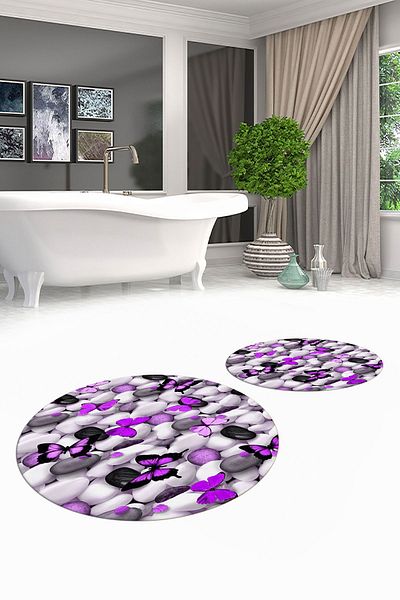 EY HOME Set de scaune de toaletă rotundă pentru baie, lavabil digital 3D, cu model de fluture, YKLZT-44-PURPLE,