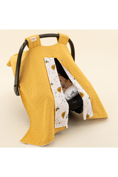 Yunikobaby Double Sided Muslin Stroller and Cushion - Mustard Muslin - Zoo