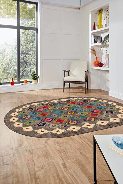 EY HOME Sade Etnik Desen Kaymaz Taban Yıkanabilir Oval Yolluk Mutfak Salon Ko...