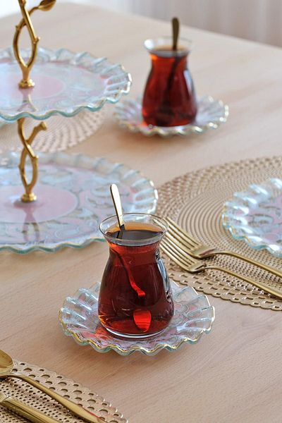 Glore Gold Gilded 12 Piece Glass Tea Set for 6 People - Padona