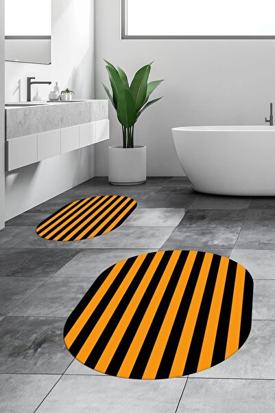 EY HOME Ψηφιακό πλενόμενο αντιολισθητικό ριγέ μοντέρνο διπλό χαλάκι μπάνιου οβάλ σετ τουαλέτας