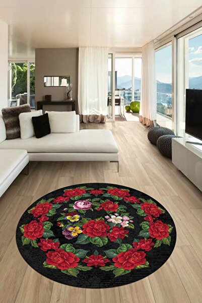 EY HOME Modern Çiçek Desenli Dijital Kaymaz Taban Yıkanabilir Yuvarlak Mutfak...