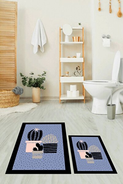EY HOME Set de toaletă digitală cu imprimeu lavabilă, anti-alunecare, cu model de flori de cactus, covor dublu pentru baie