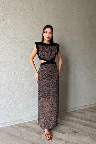 Seda Yalçın Atelier Pink Flower Patterned Black Padded Dress - Window Detailed