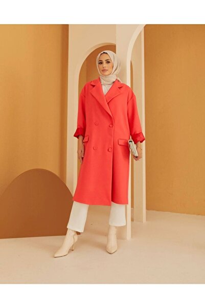 Trend Marfa Buttoned Front Belted Hijab Stamp Coat