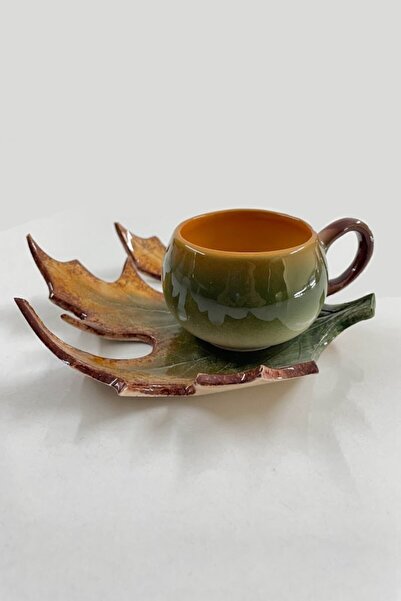 Artistic Quality طقم فناجين شاي وقهوة مزخرفة بأوراق الشجر باللونين الأخضر وال...