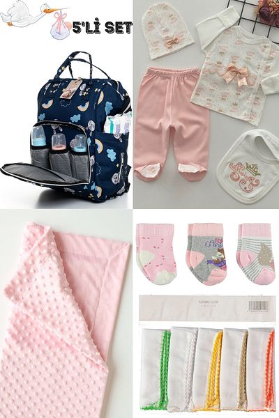 Bombinoo Large Birth Set of 5 - Baby Bag, Hospital Exit, Chickpea Blanket, 10-Piece Wipes and 3-Piece Socks