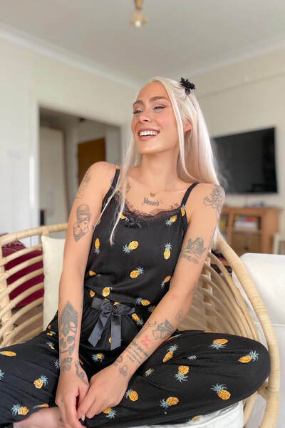 Pijamaevi Set de pijamale tricotate cu curele din dantelă cu imprimeu ananas negru pentru femei