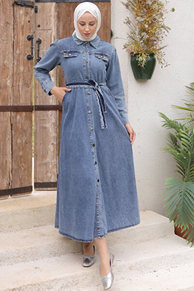 benguen 6804 Pockets gyöngyös részletes farmer ruha sötétkék