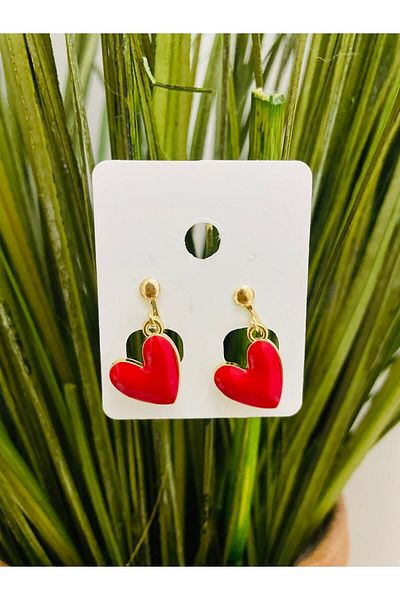 1PARÇAMAVİ Red Heart Clip Women's Earrings - Non-Perforated Ear Earrings