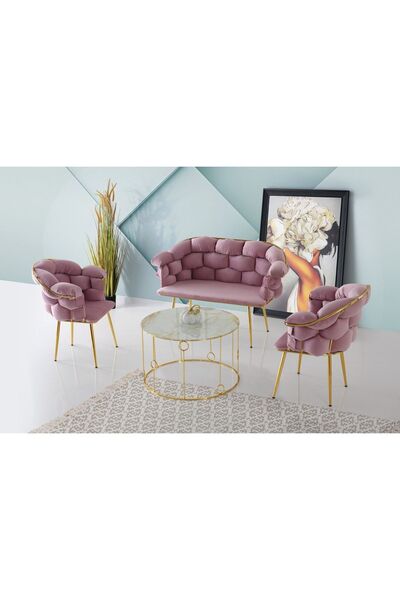 Viento Mobilya Balon Pembe Babyface Kumaş Gold Iskeletli Çay Seti (orta Sehpa...