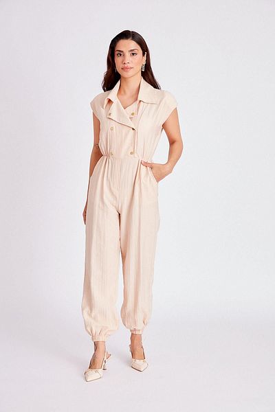 Lady Pixie Low Sleeve Gold Buttoned Padded Jogger Jumpsuit
