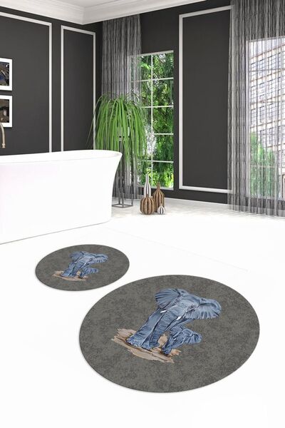 Generic Brand Digital Print Pcs Non-Slip Washable Elephant Pattern Round Double Bathroom Set