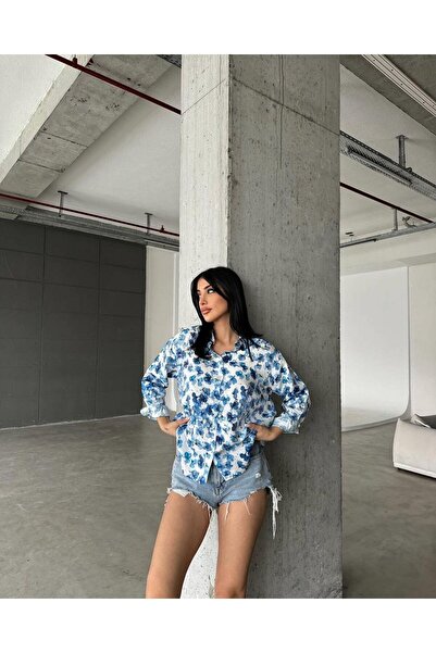 Sublime Butik Retro Çiçek Desenli Parlak Dokulu Yazlık Gömlek