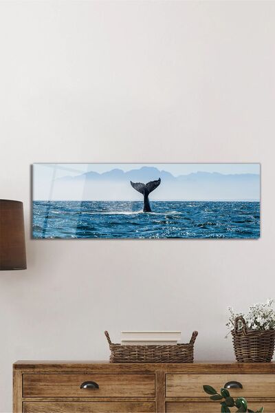 Rosyvien Mavi Deniz Balina Manzara Panoramik Cam Tablo, Ev Ofis Duvar Dekoru Hediyelik Dayanıklı Temperli Cam