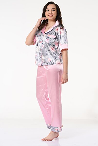 Miss Dünya Lissa Σετ Πυτζάμες Σατέν γιακά Πουκάμισου με Σχέδιο - Κοντό μανίκι, Μπροστινά κουμπιά