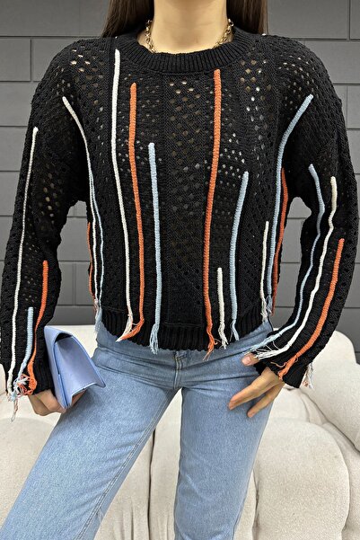MODAMERSİ Women's Black Stripe Detailed Openwork Knitwear Blouse