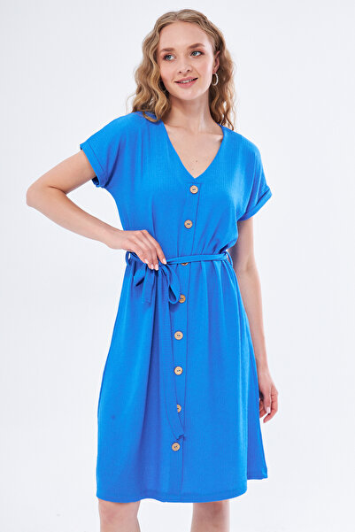 YÜKSEL IŞIK Синя коротка сукня з рукавами - Кольоровий дизайн на ґудзиках