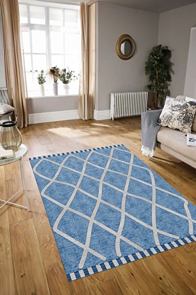 Kilimteks Dijital Baskılı Kaymaz Taban Yıkanabilir Sade Yolluk Mutfak Salon Halısı, N-SADE-24-mavi,